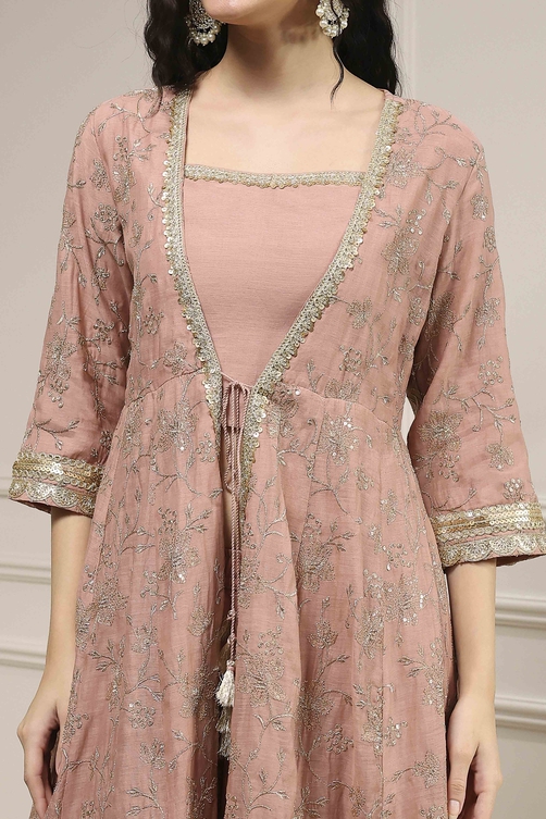 Natural White Embroidered Anarkali Fusion Set image number 1