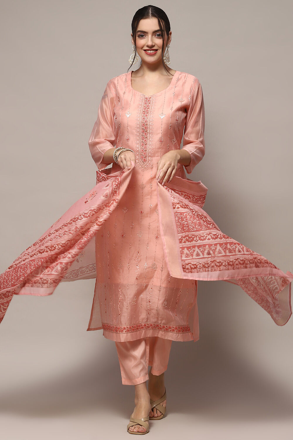 Baby Pink Chanderi Blend Unstitched Suit set image number 1