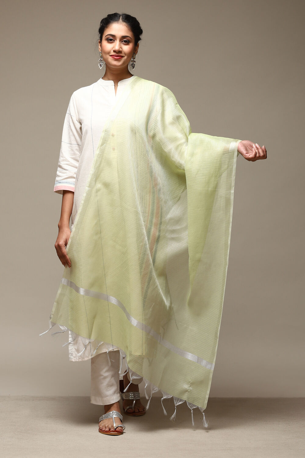 Off White Cotton Blend Yarndyed Dupatta image number 0