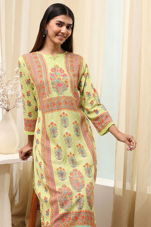 Green Printed Straight Kurta image number 6