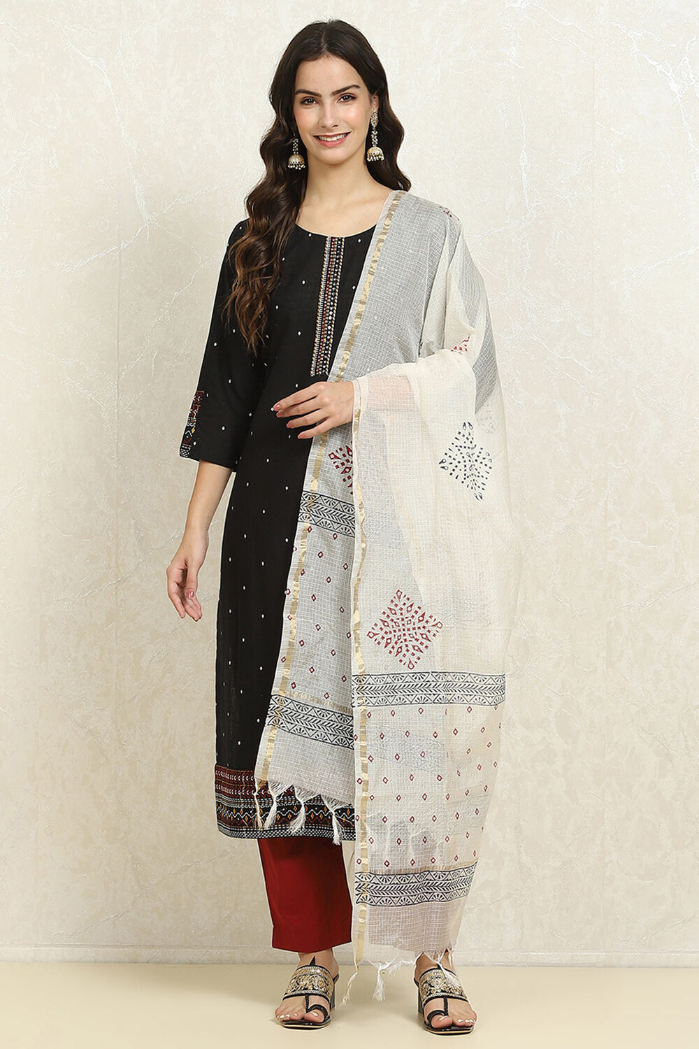 Yellow Cotton Handloom Unstitched Suit Set image number 7