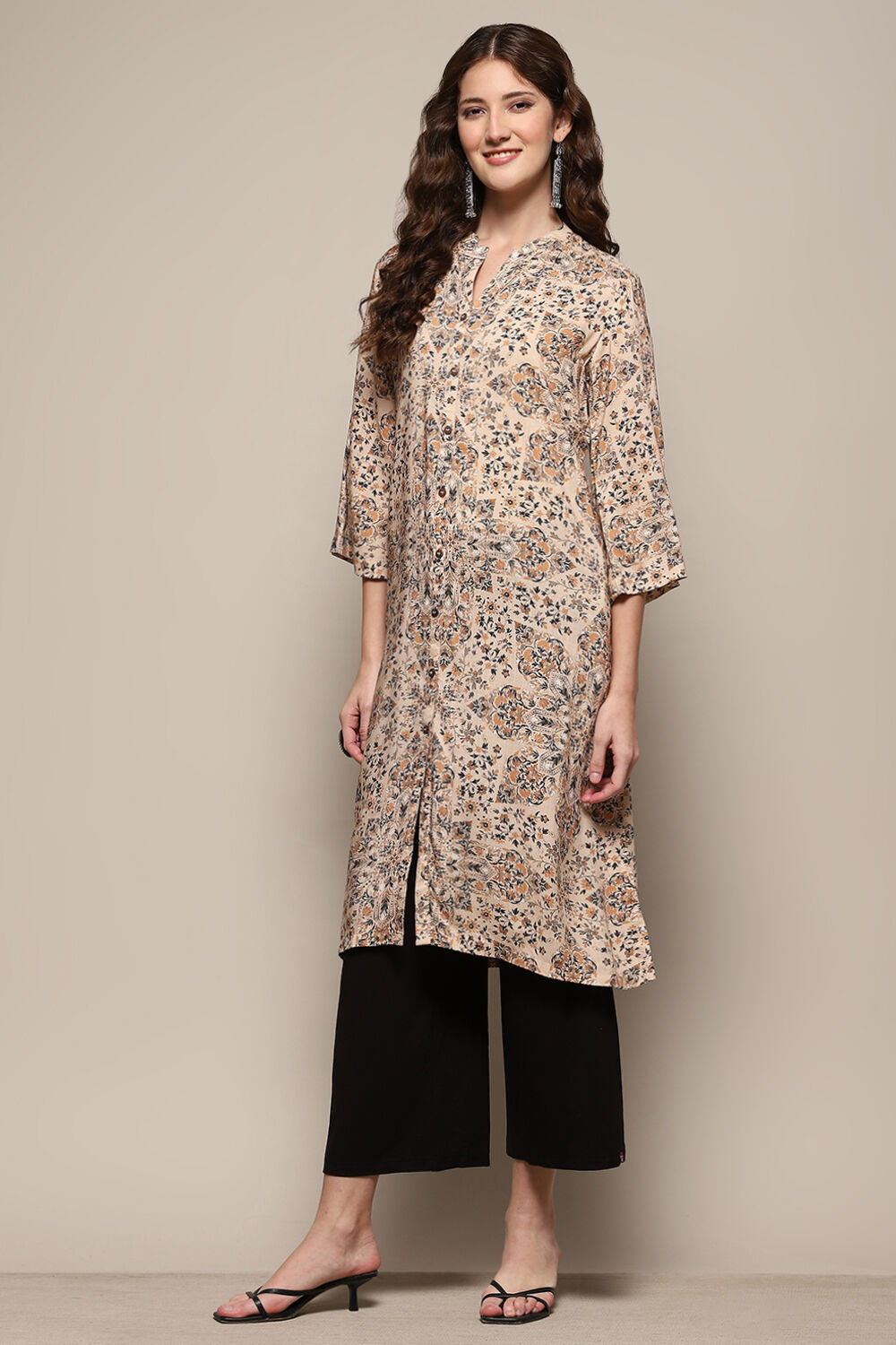 Beige & Black Rayon Printed Straight Kurta image number 2