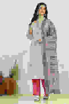 Grey Cotton Printed Embroidered Unstitched Suit Set image number 7