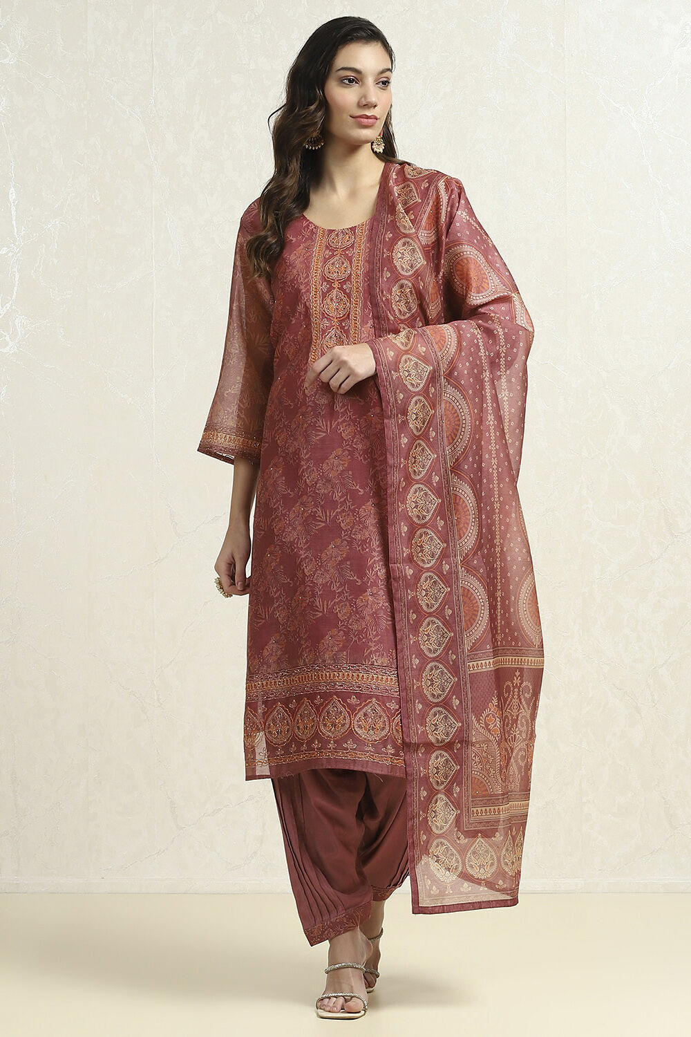 Grey Chanderi Printed Unstitched Suit Set image number 1