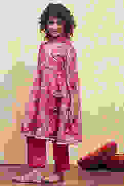 Coral Pink Angrakha Printed Flared Suit Set image number 3