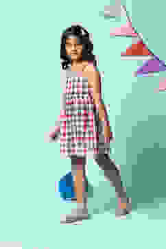 Red & Blue Cotton Gathered Dress image number 3