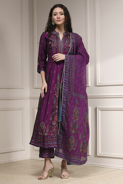 Purple Viscose Kalidar Printed Suit Set image number 5