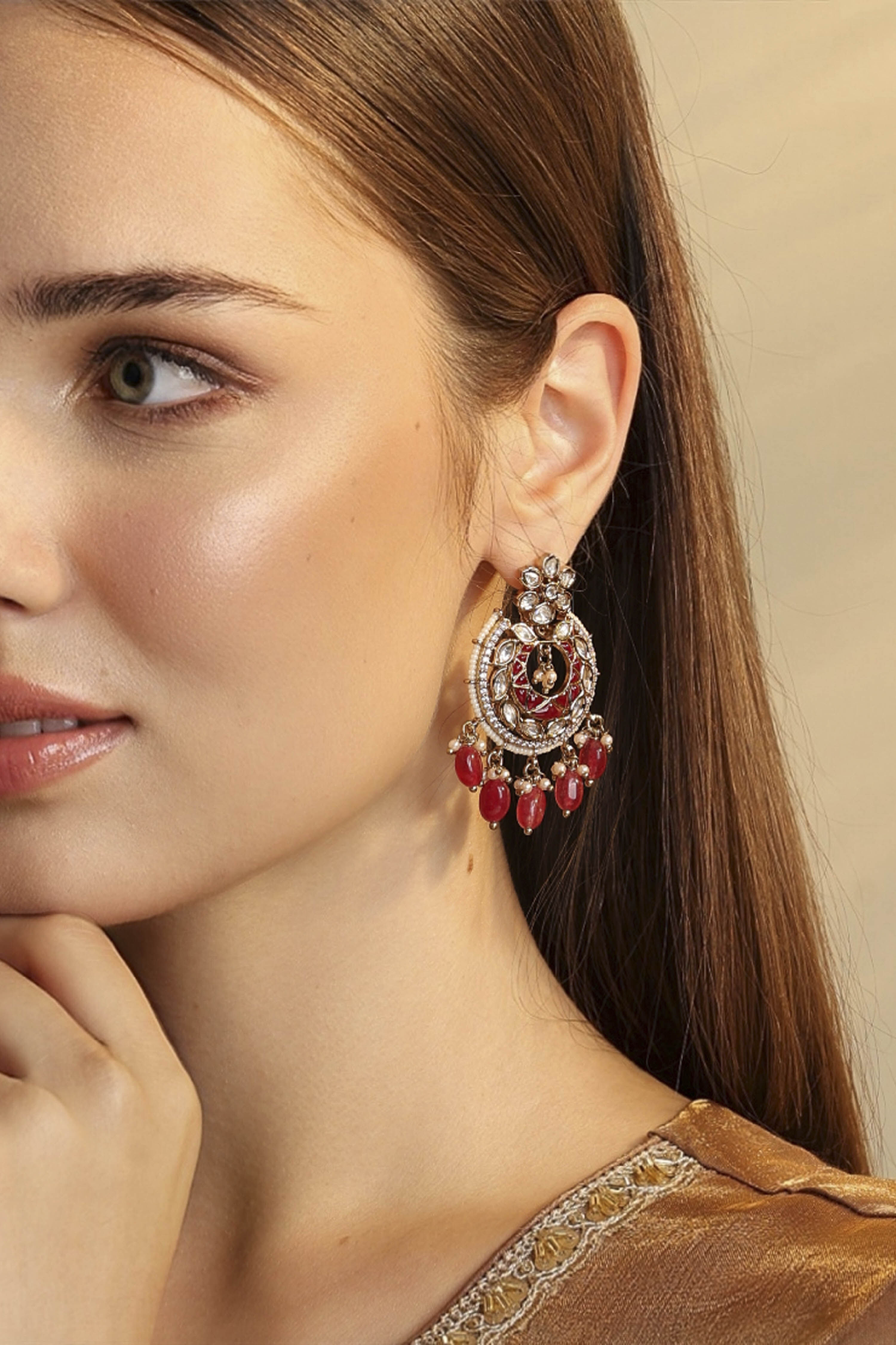 Red Brass Gold-Plated Chandbali Earrings image number 1