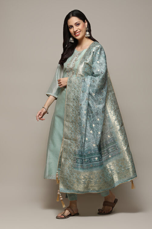 Sky Blue Chanderi Hand Embroidered Unstitched Suit Set image number 1