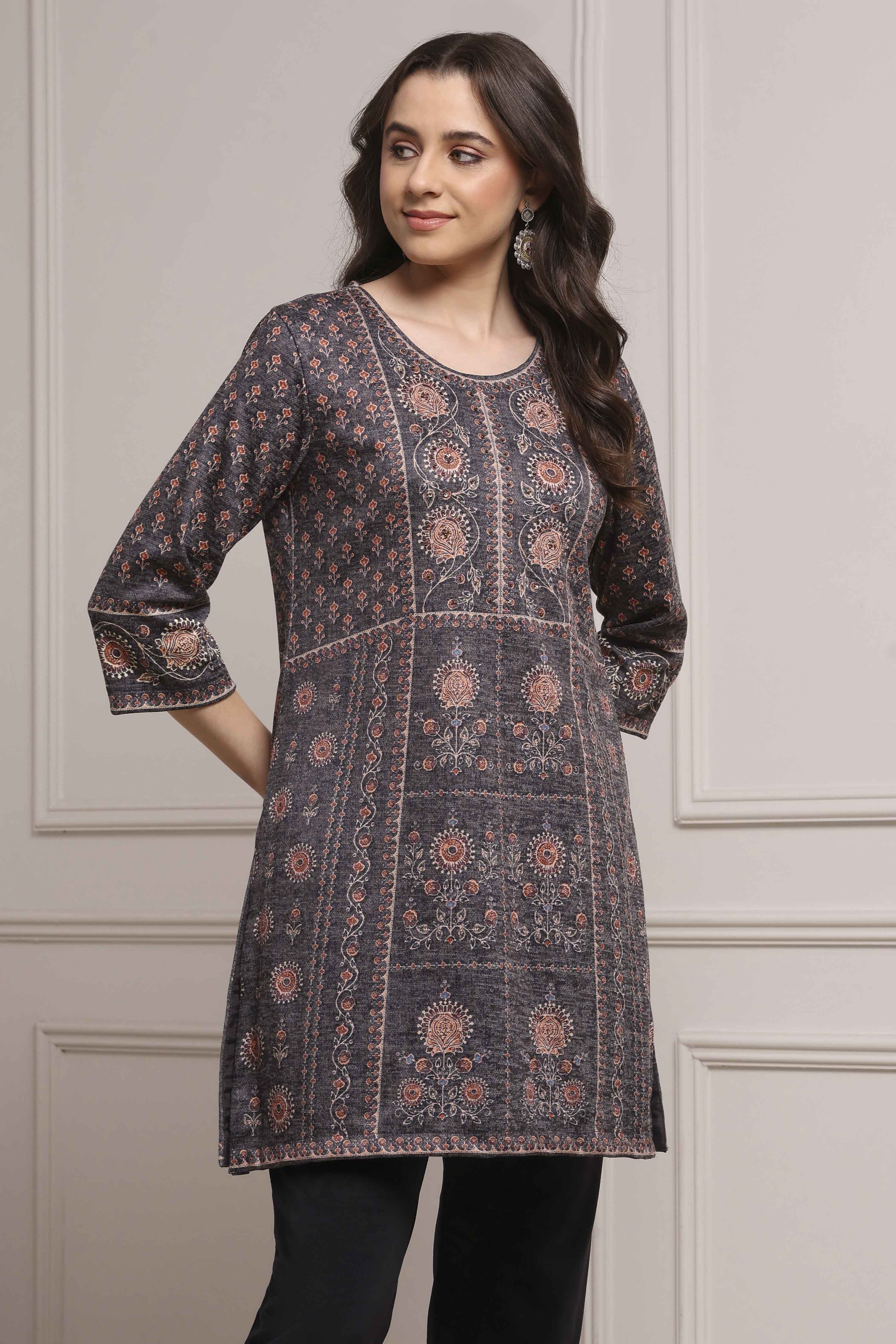 Brown Blended Printed Kurta image number 4