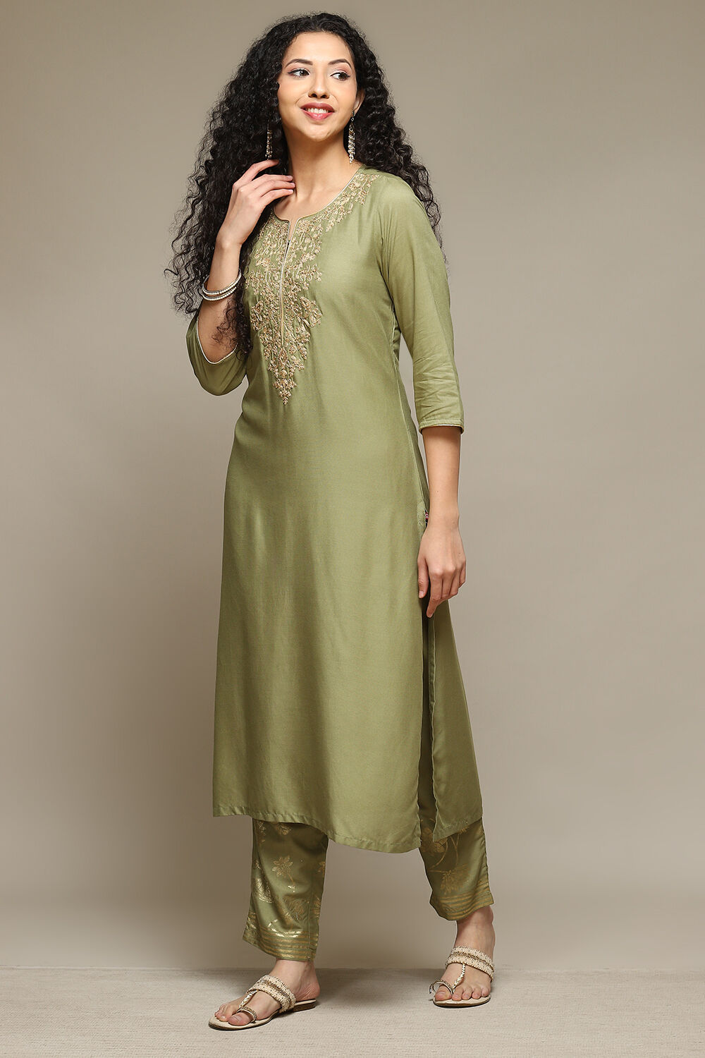 Sap Green Embroidered Straight Kurta Set image number 0