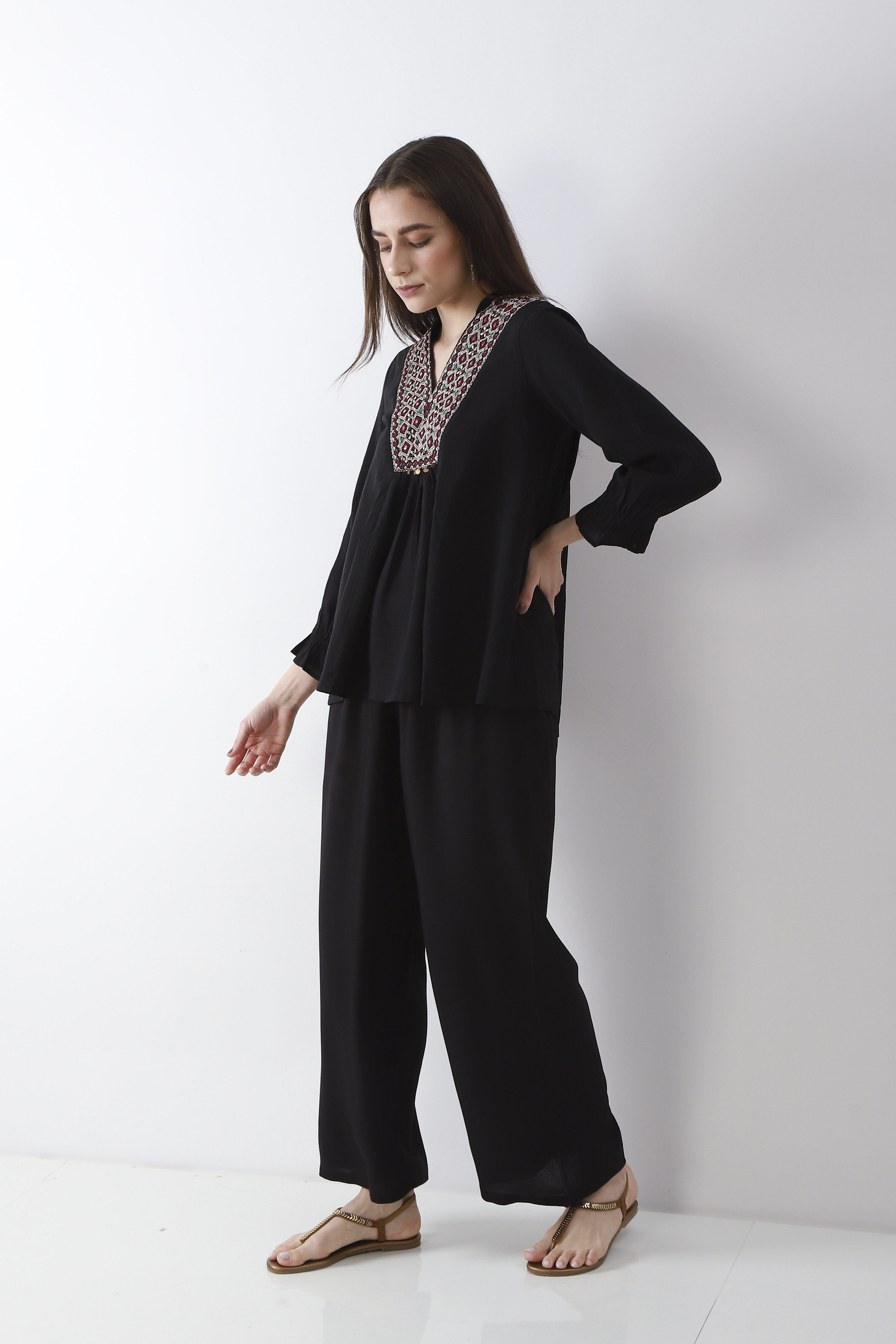 Black Viscose Rayon Straight Palazzos image number 0