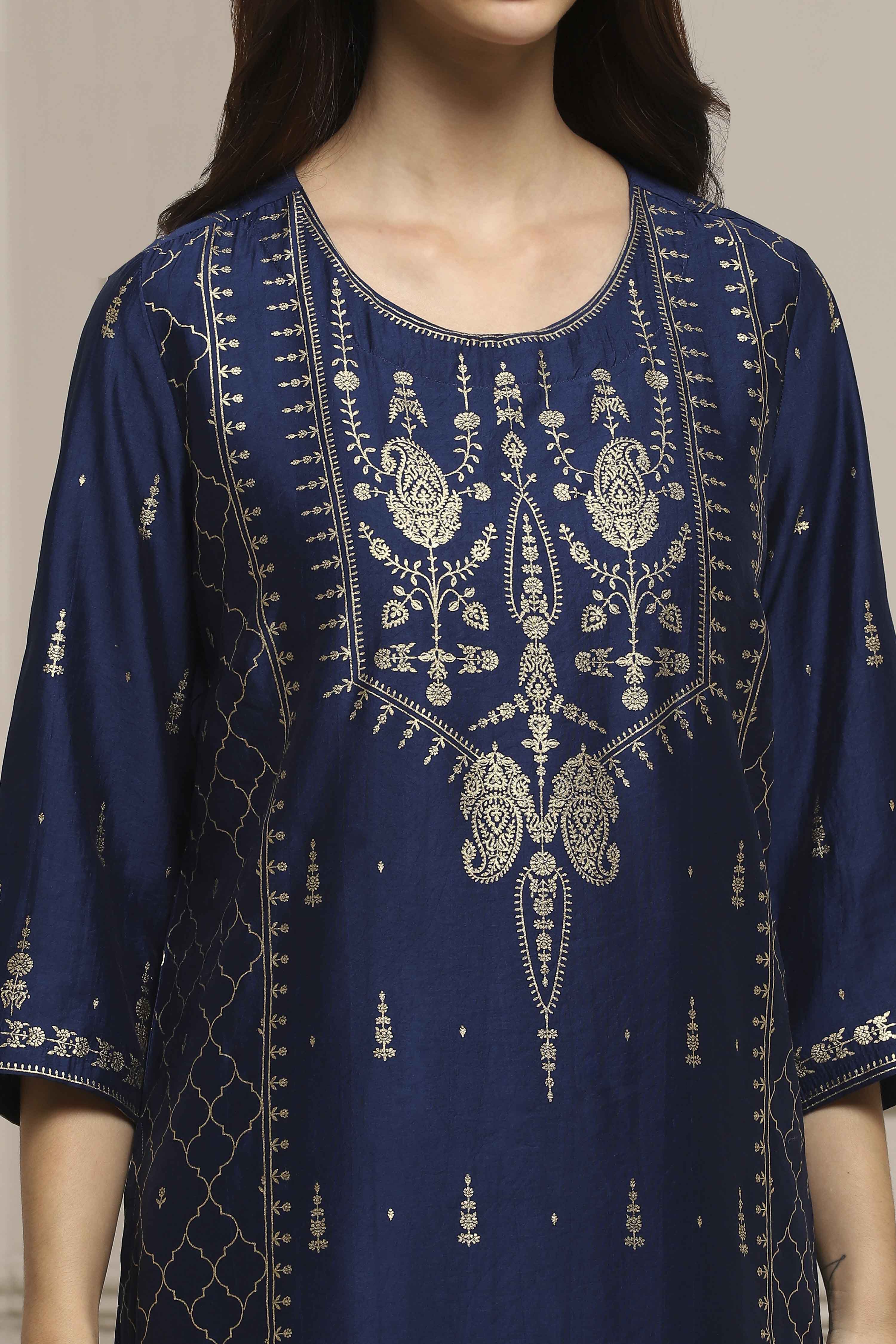Blue Art Silk Printed Straight Kurta image number 1