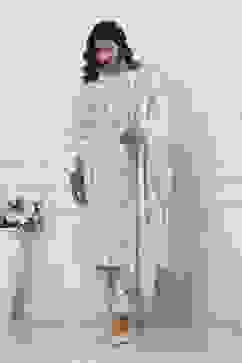 Cream-Colored Cotton Printed Straight Suit Set image number 6