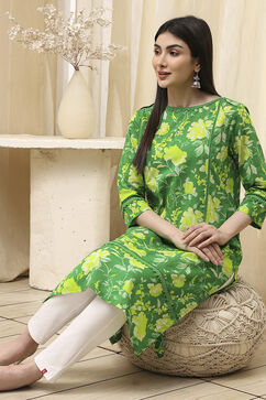 Green Cotton Floral Straight Kurta image number 0