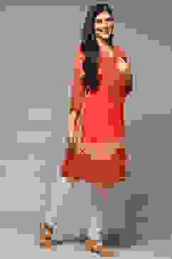 Red Cotton Blend Straight Printed Kurta image number 4