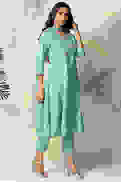 Sea Green Viscose Kalidar Kurta Pants Suit Set image number 6