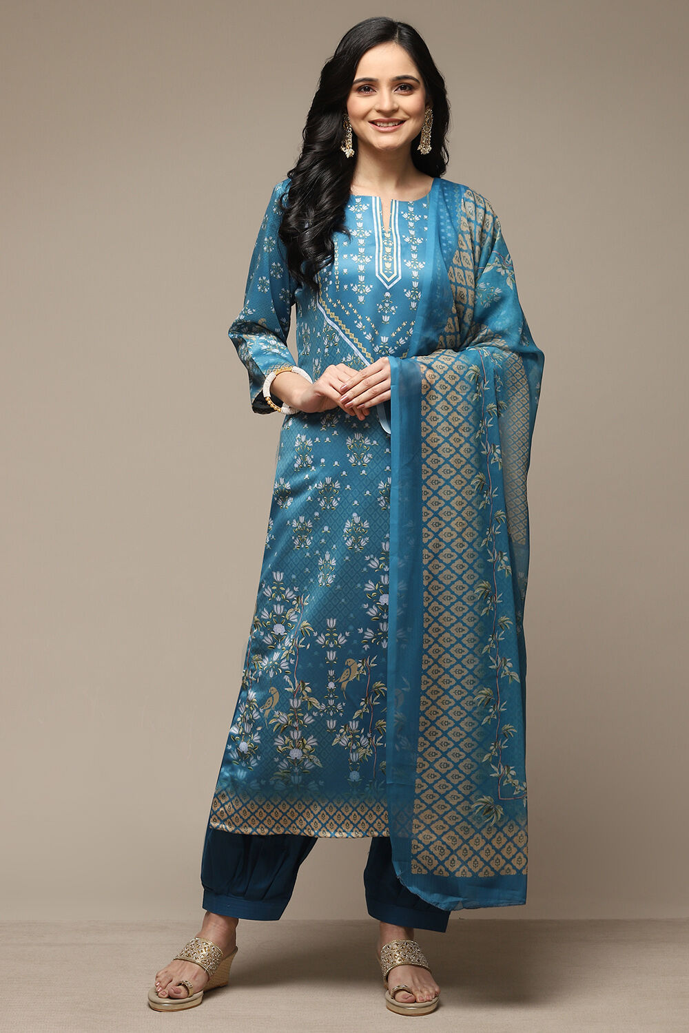 Blue Cotton Screen Print Unstitched Suit Set image number 6