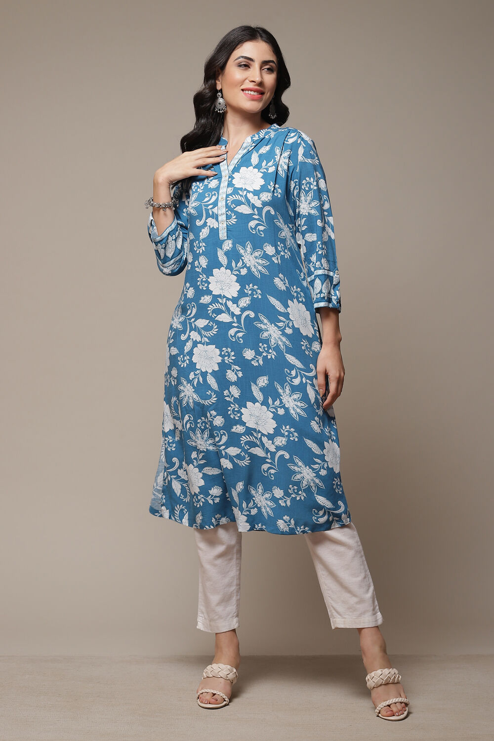 Sky Blue LIVA Straight Printed Kurta image number 0