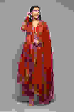 Red Polyester Anarkali Kurta Palazzo Suit Set image number 7