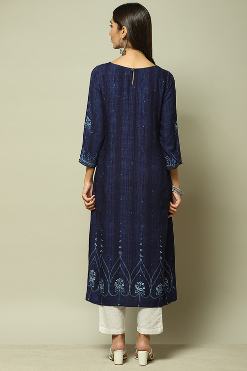 Indigo LIVA Straight Printed Kurta image number 4