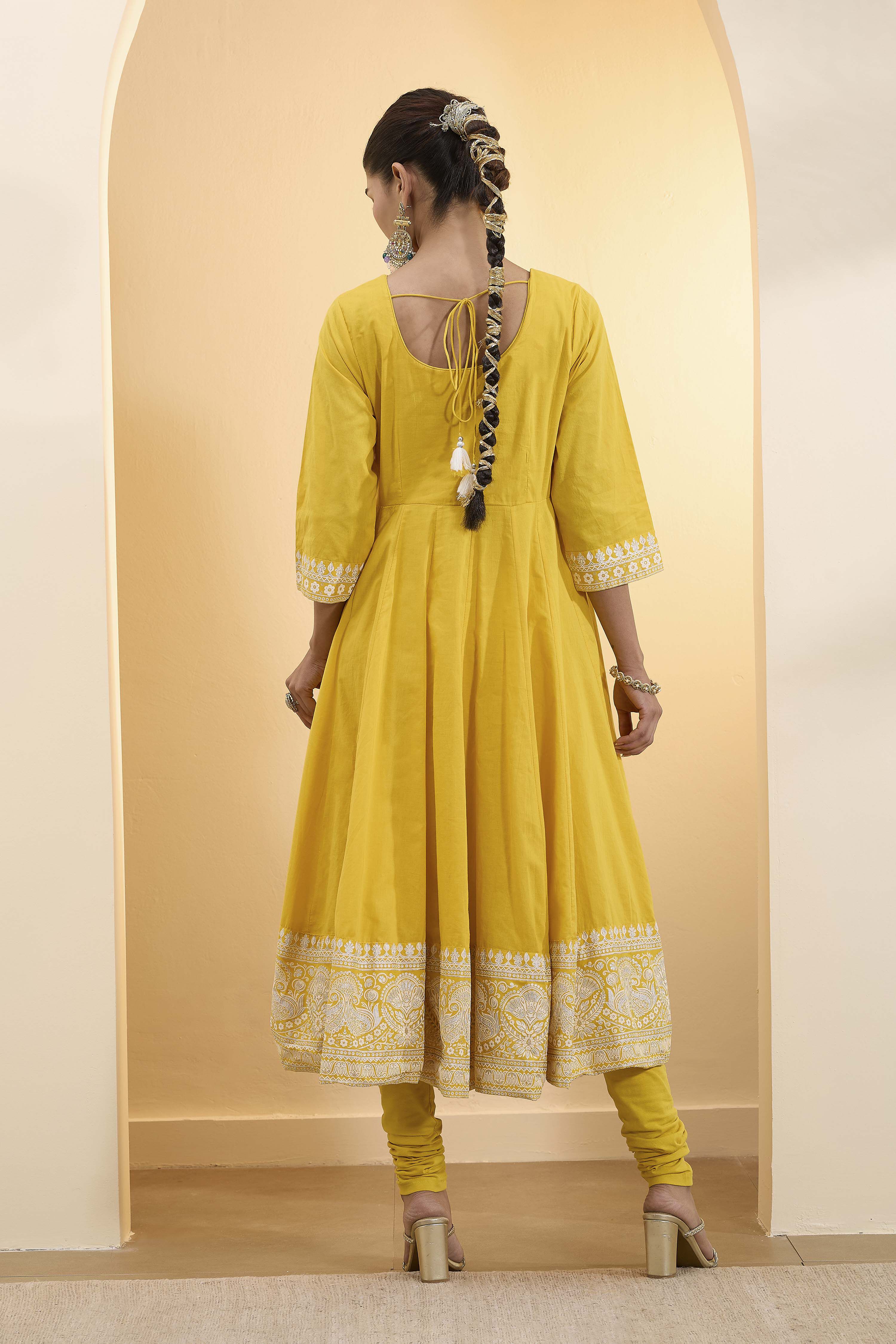 Yellow Cotton Embroidered Anarkali Kurta Set image number 4