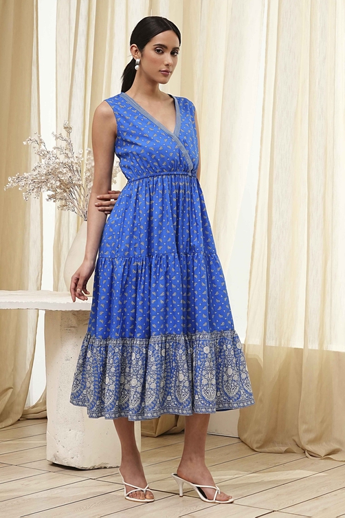 Blue Cotton Printed Tiered Dress image number 3