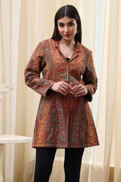 Burnt Orange Rayon Straight Printed Jacket image number 5