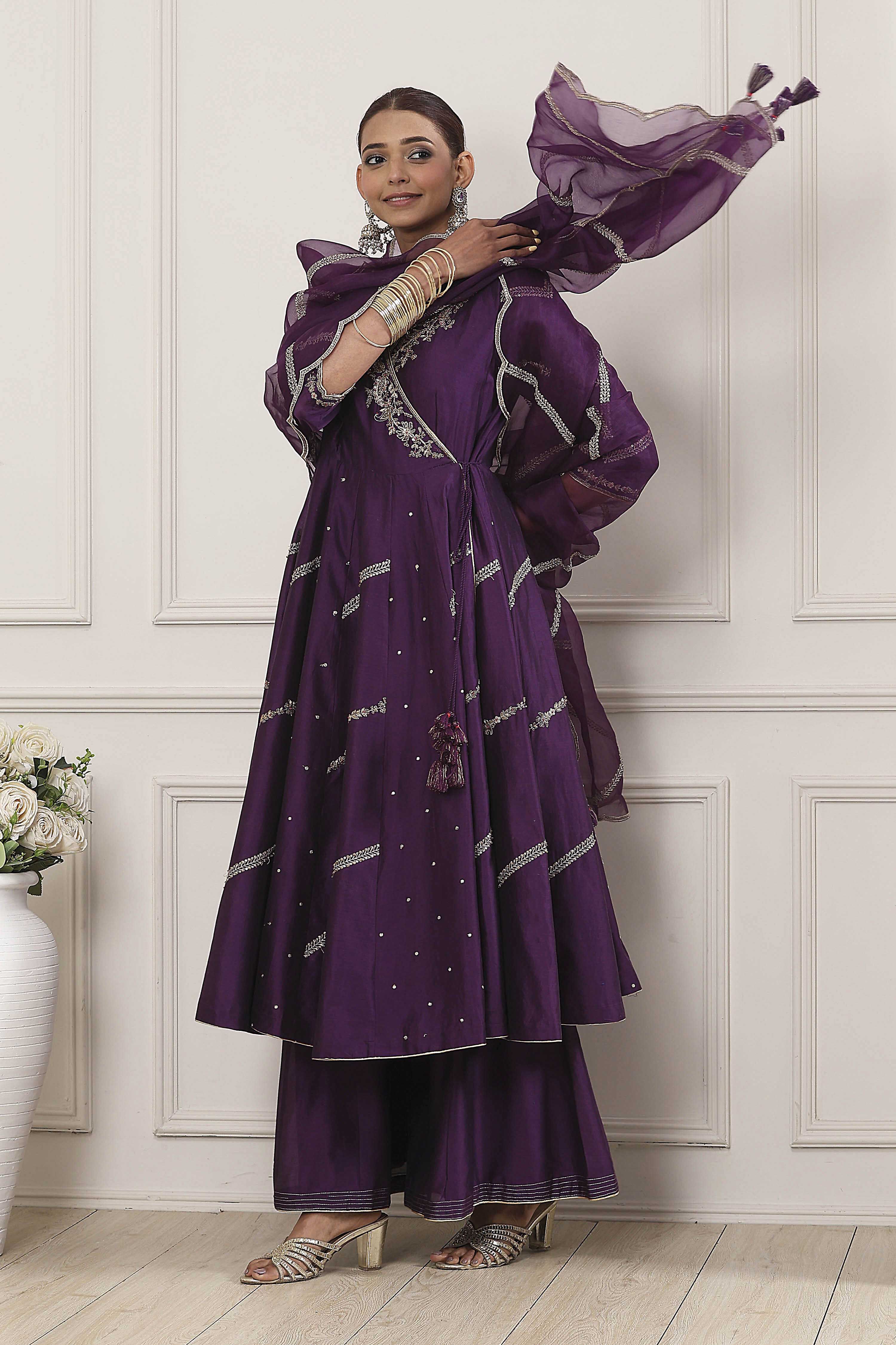 Purple Chanderi Silk Gota Embroidered Anarkali Suit Set image number 0