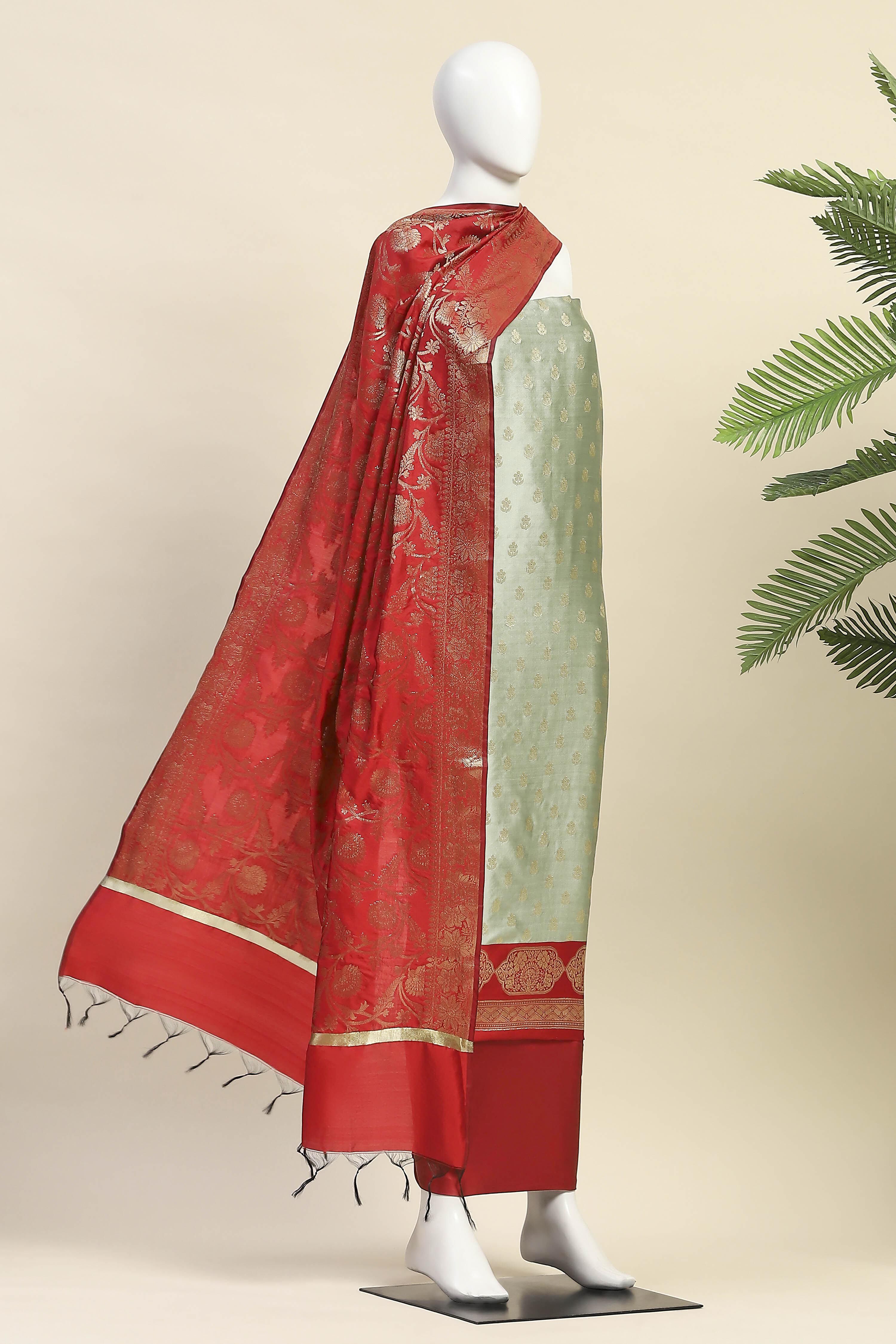 Red Silk Unstitched Suit Set image number 4