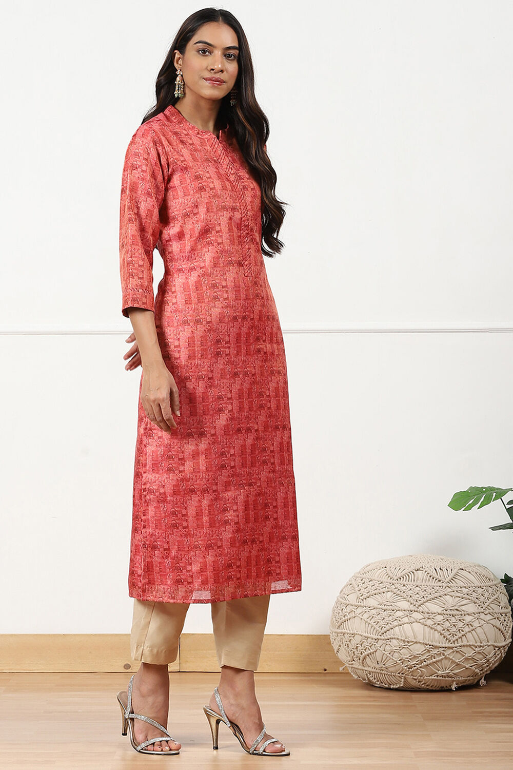 Red Cotton Printed Unstitched Kurta Set image number 6