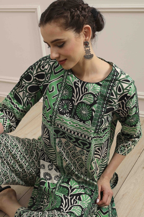 Green Cotton Printed Straight Kurta Palazzo Set image number 0