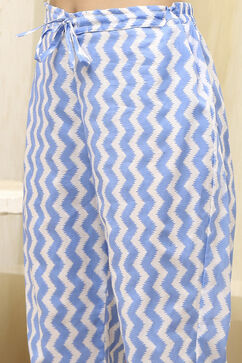 White and Blue Cotton Screen Print Unstitched Suit Set image number 3