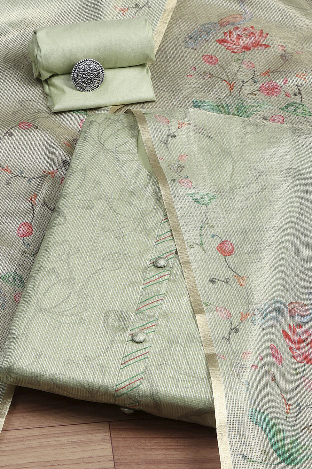 Teal Cotton Printed Unstitched Suit Set image number 0