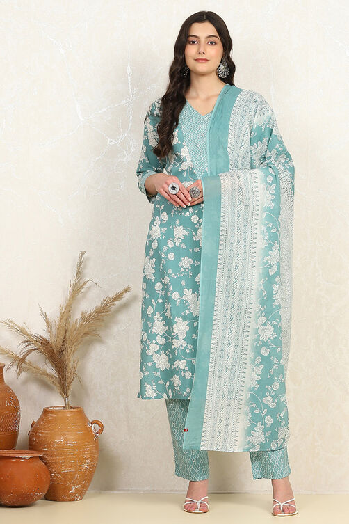 Rama Green Cotton Screen Print Unstitched Suit Set image number 7