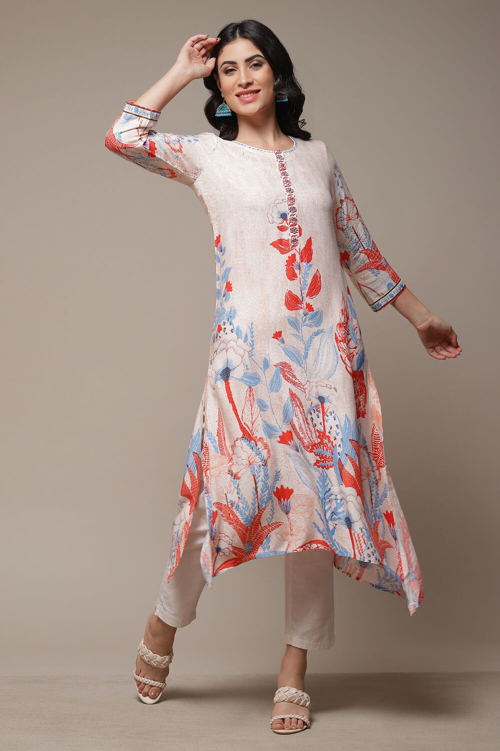 Ecru Rayon Straight Printed Kurta image number 0