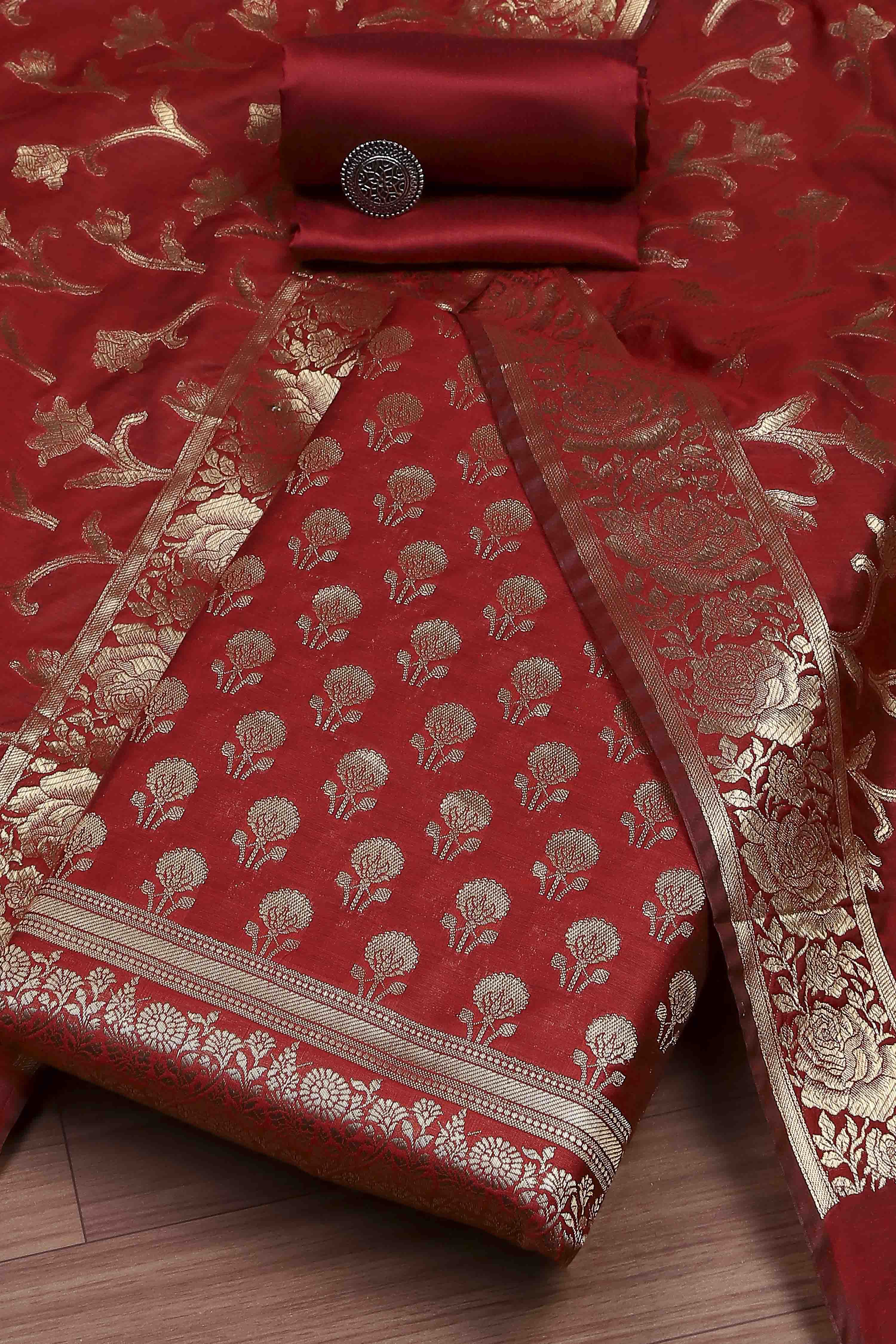 Teal Banarasi Chanderi Banarasi Print Unstitched Suit Set image number 0