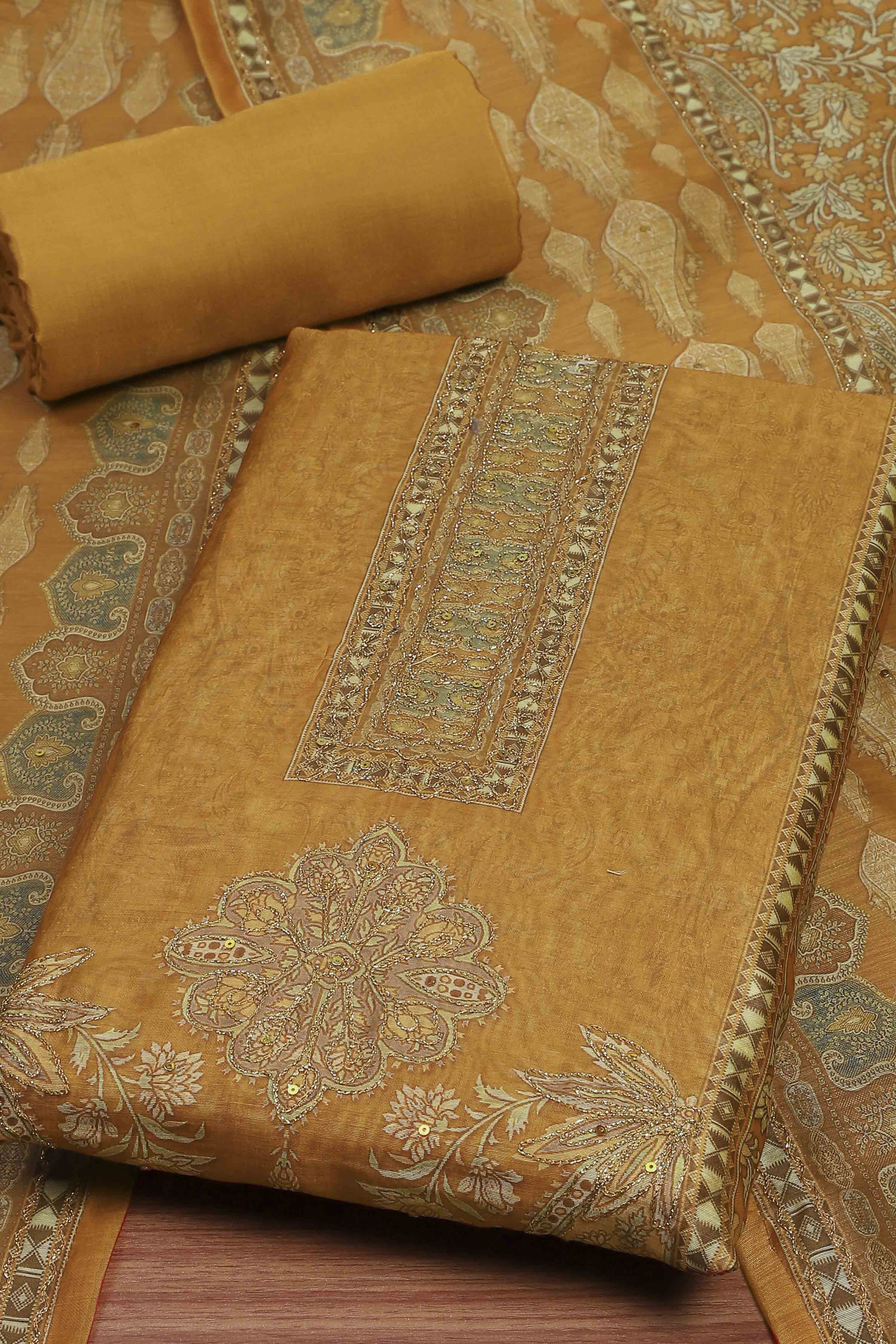 Rust Cotton Printed Unstitched Kurta Set image number 1