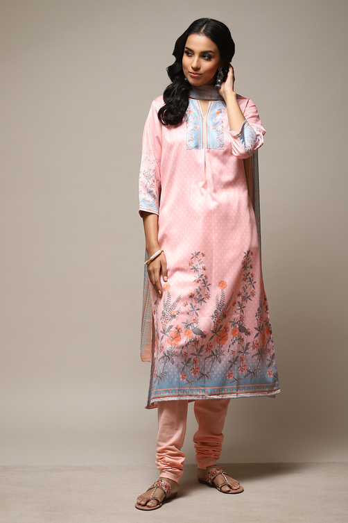 Blue Cotton Screen Print Unstitched Suit Set image number 8