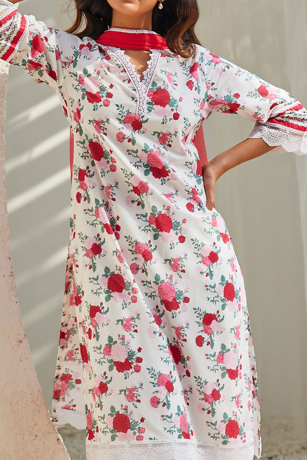 Off-White Cotton Printed Kurta & Palazzo Suit Set image number 1