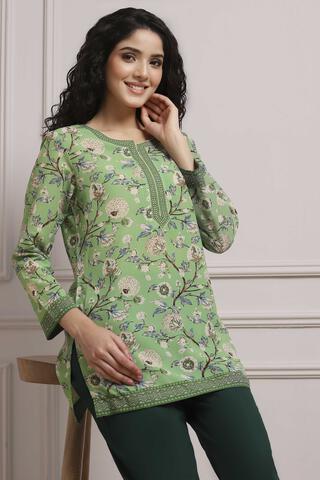 BIBA Green Art Silk Regular Kurta in Green