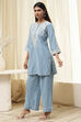 Blue Cotton Embroidered Straight Kurta Set image number 3