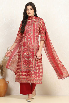 Red Cotton Digital Print Unstitched Suit Set image number 1