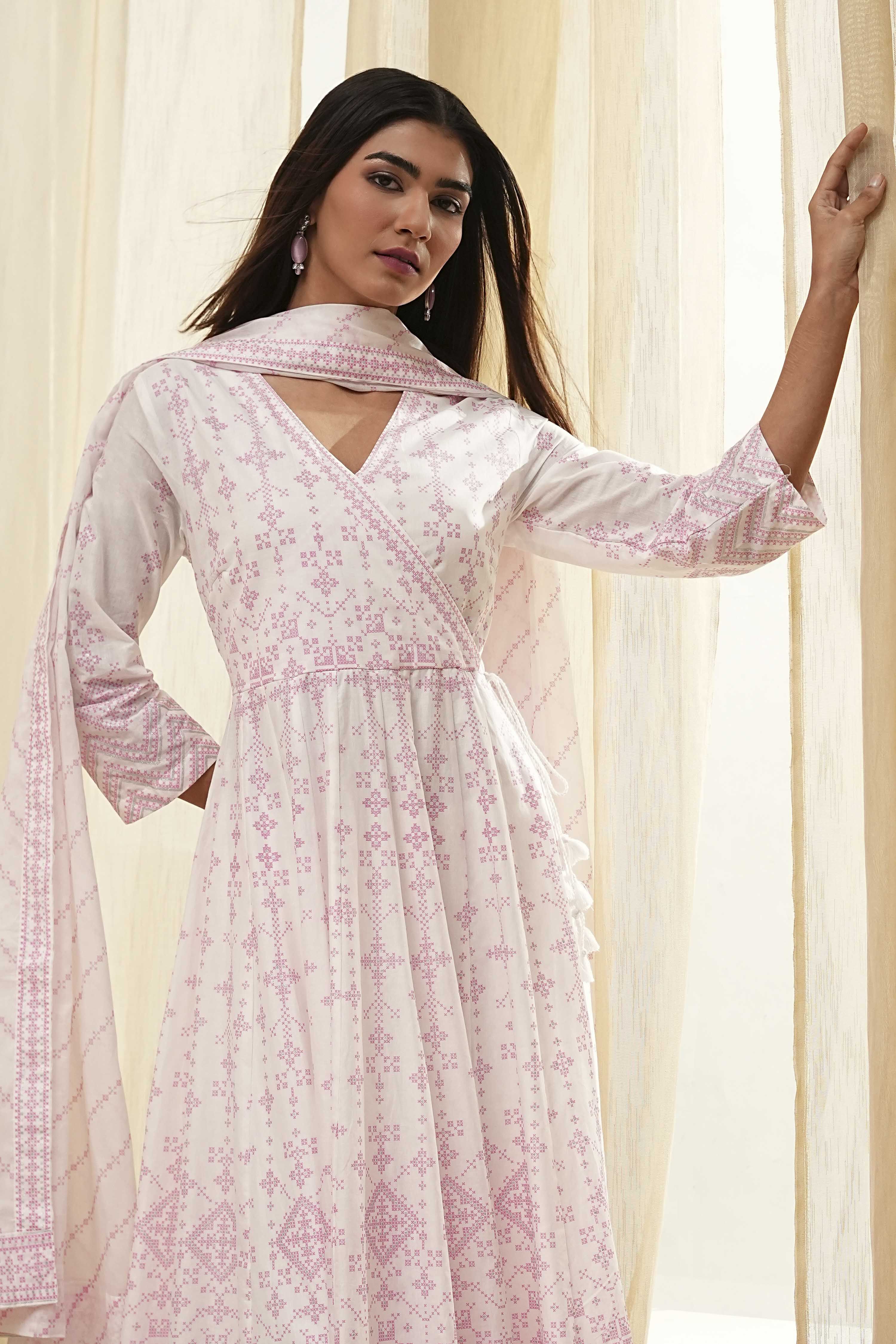 Off-White and Pink Cotton Anarkali Suit Set image number 7