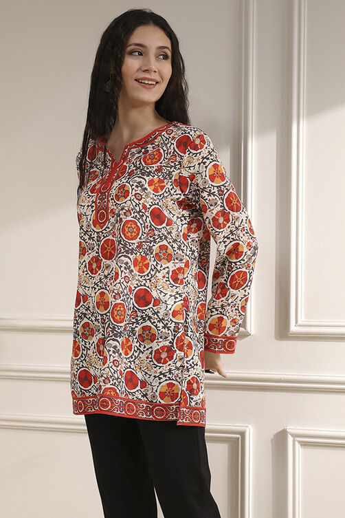 Mustard Red Polyester Straight Printed Short Kurta image number 2