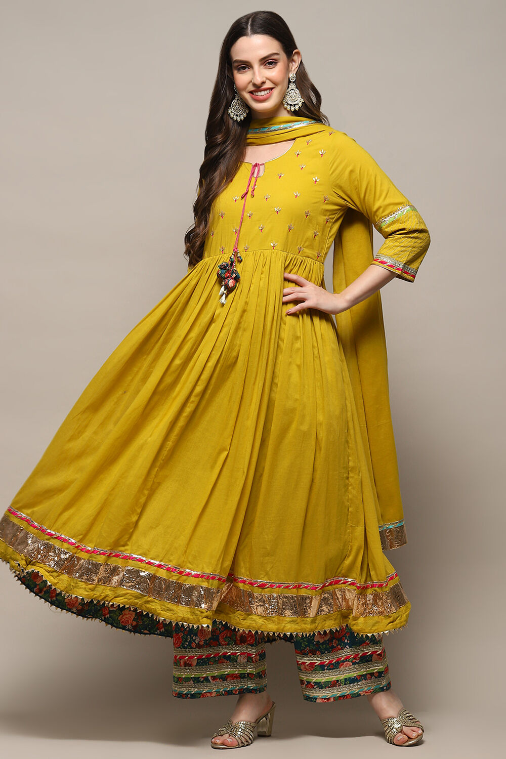 Lime Green Cambric Anarkali Kurta Palazzo Suit Set image number 4