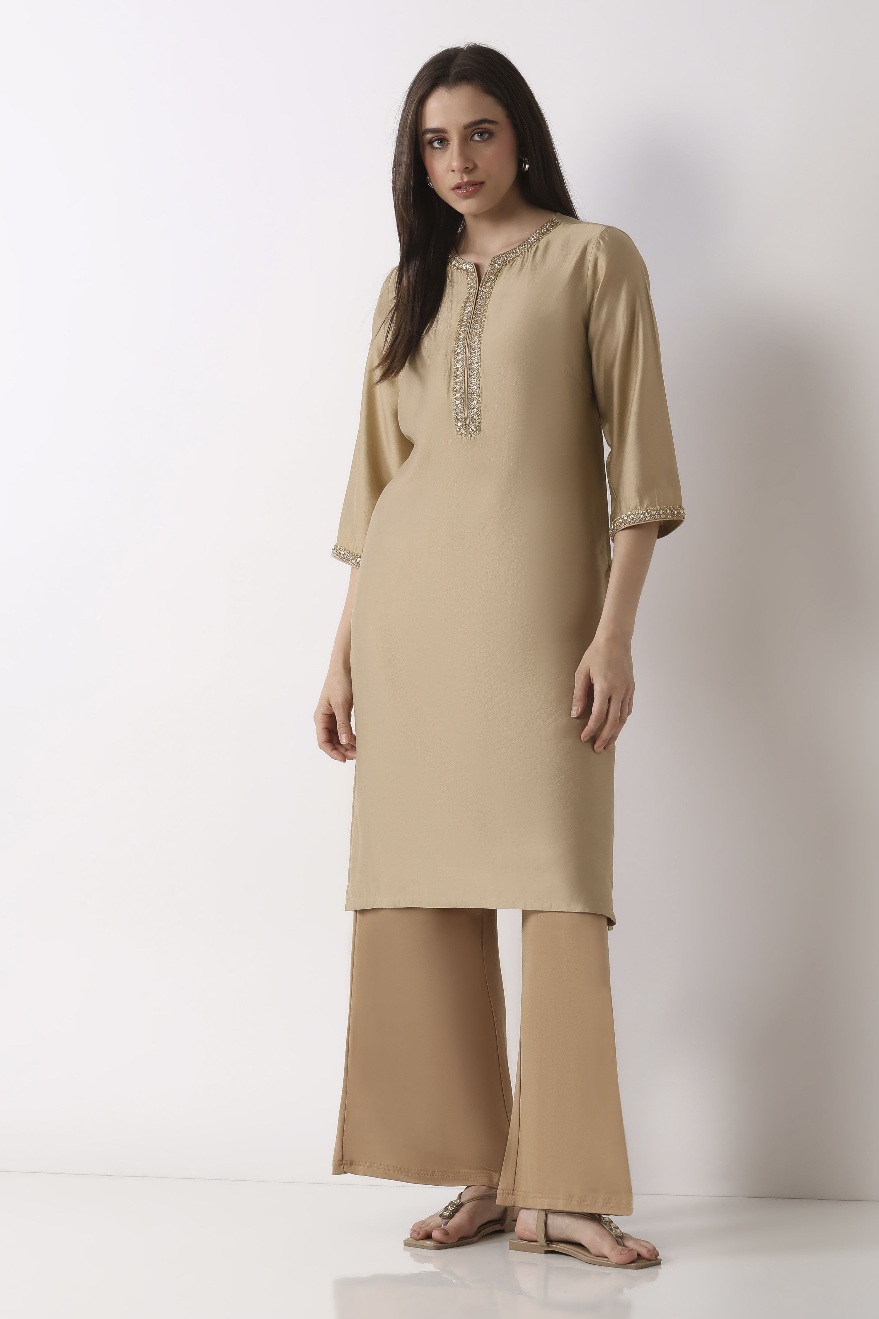 Beige Viscose Rayon Straight Palazzos image number 0