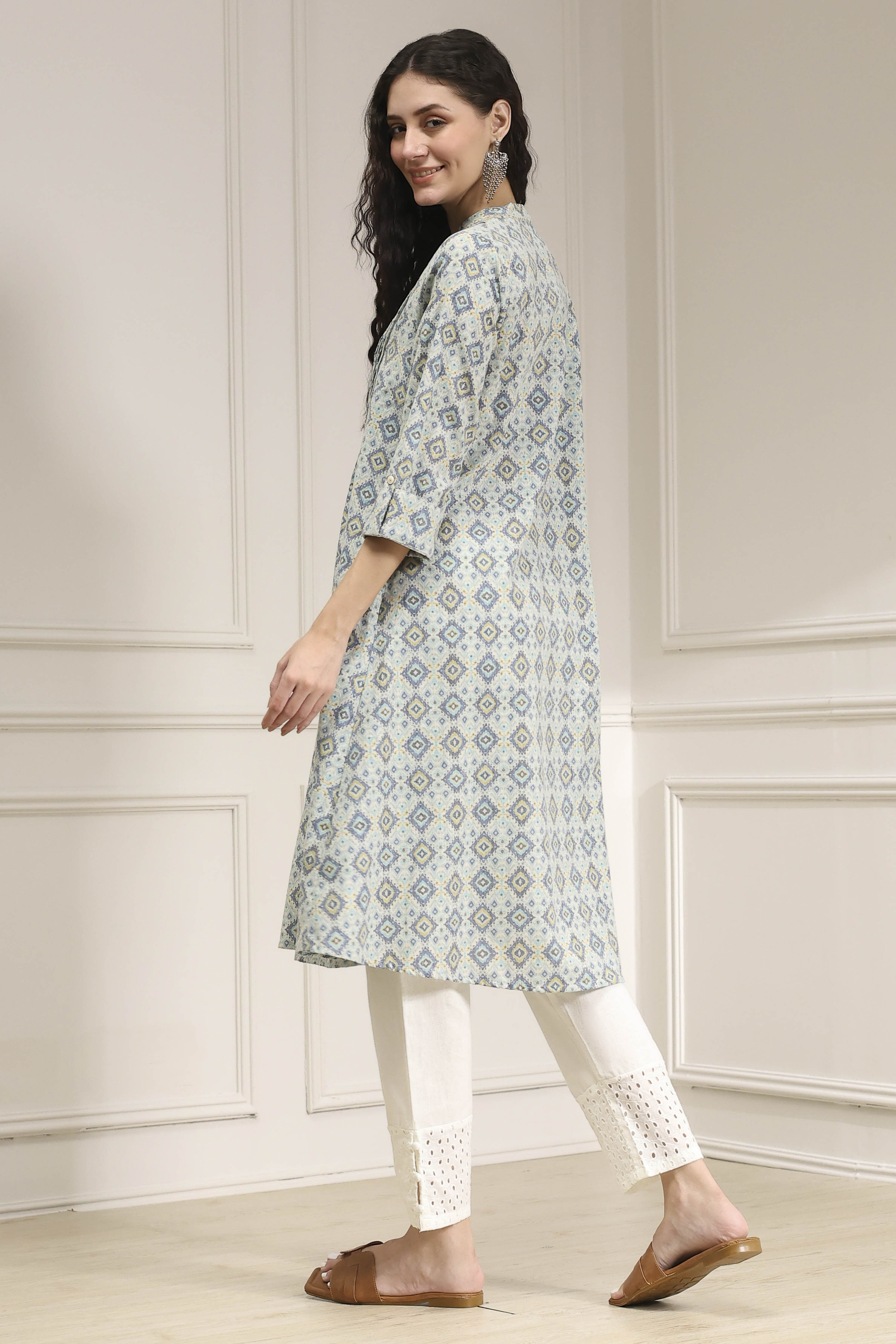 Blue Cotton Printed A-Line Kurta image number 3