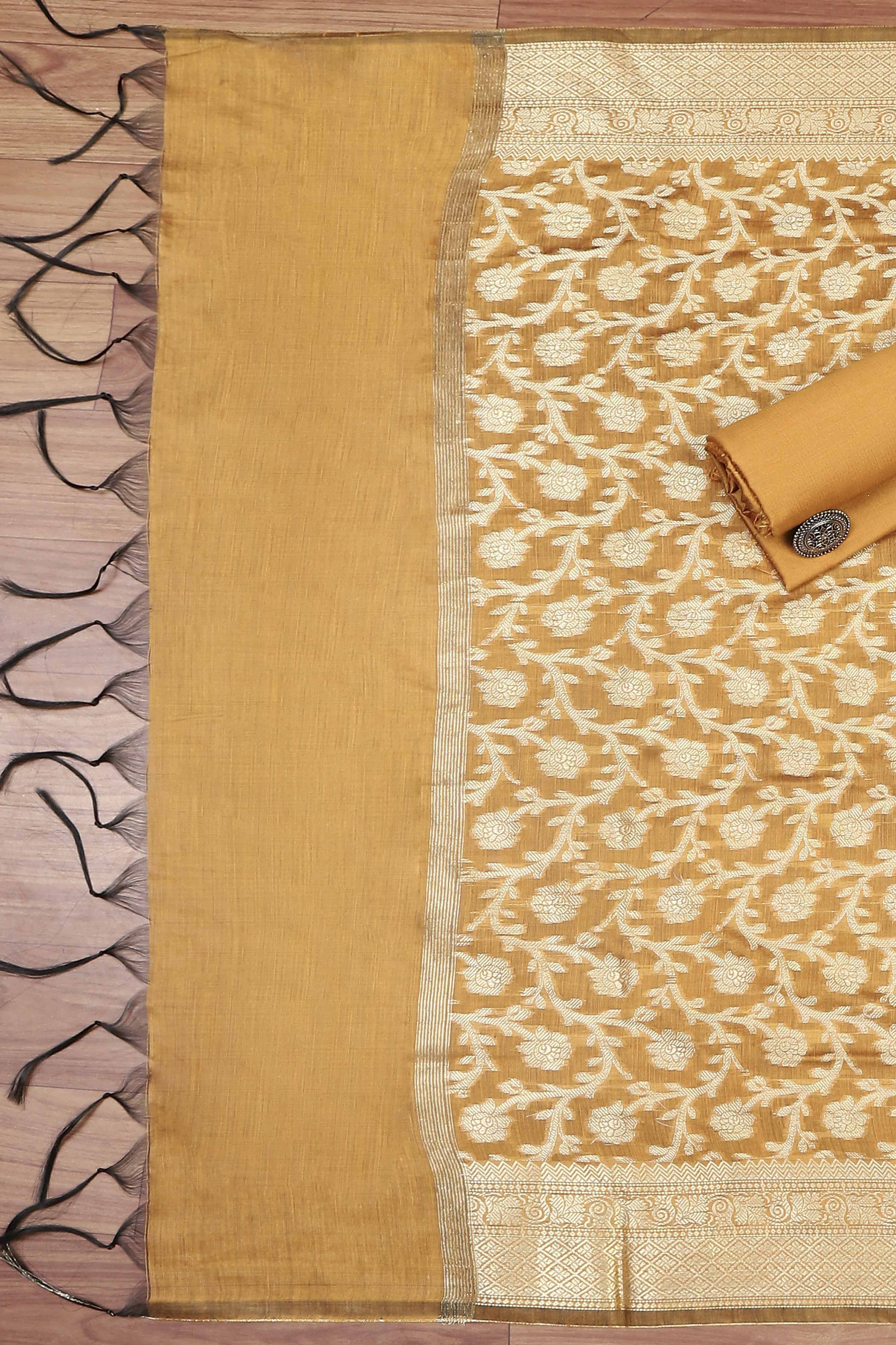 Mustard Cotton Printed Embroidered Unstitched Suit Set image number 3