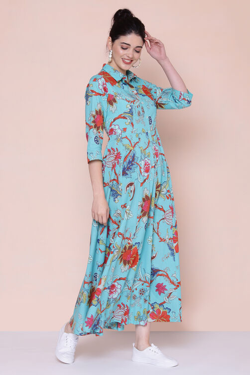 Turquoise Cotton Fusion Wear Dress image number 3